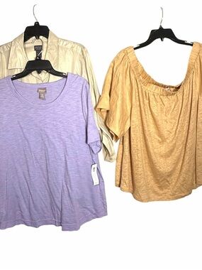 Chicos Size 3 XL Bundle Lot x 3 Tops Purple Tee Tan Off Shoulder Metallic Tunic